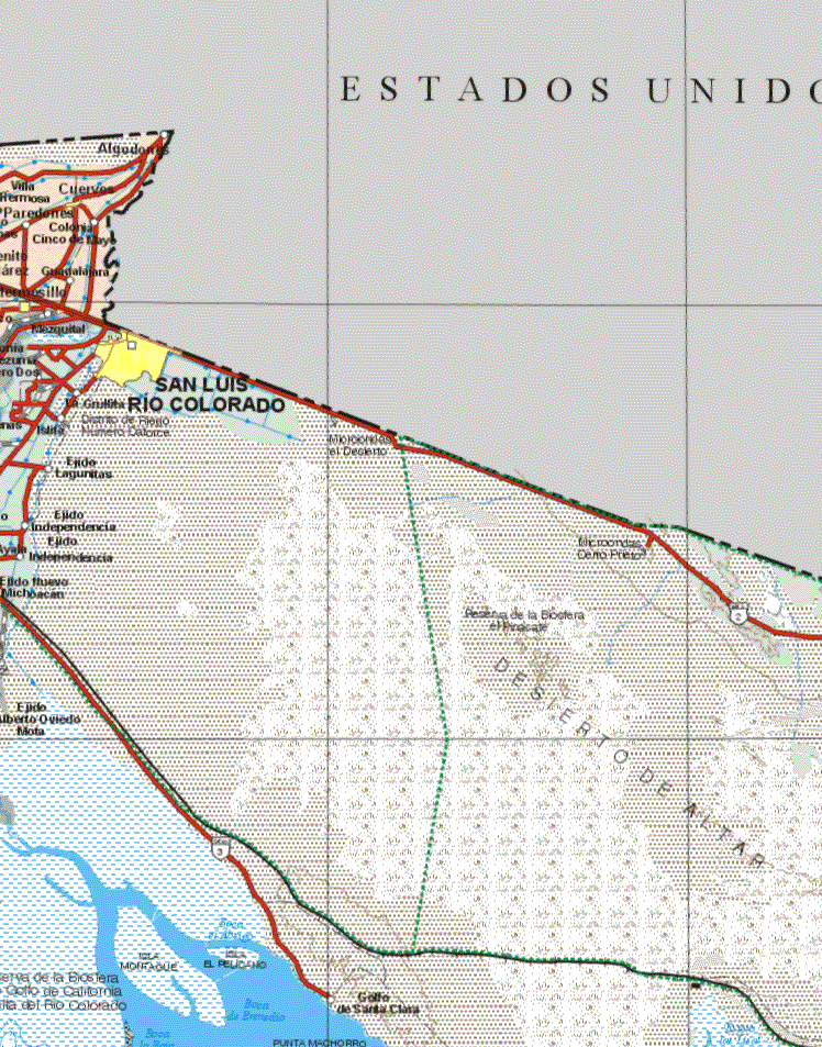 Este mapa muestra las ciudades de Cuervos, San Luis Rio Colorado, Hermosillo. Ademas de las poblaciones (pueblos) de Villa Hermosa, paredones, Algudonias, Colonia Cinco de Mayo, Guadalajara, mezquital, La Grutita, ejido Laguinitas, Ejido independencia, independencia, Ejido Nuevo Michoacán.