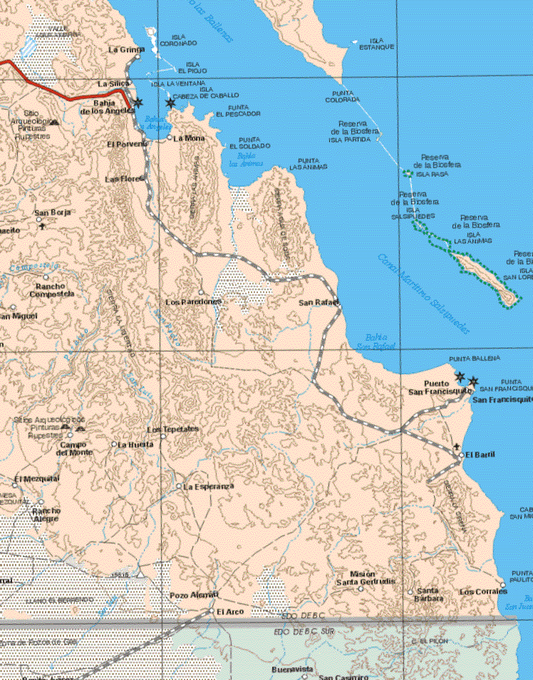 Este mapa muestra las ciudades de La Gringa, La Silica, Bahia de los Angeles, La Mona, El Porvenir, Las Flores, San Borja, Rancho Campo StelaLos Paredones, San Rafael, puerto San Francisquito, Los Tepetates, La Huerta, Campo del Monte, El Mezquital, Rancho Alegre, La Esperanza, El Arco, Pozo A., Misión Santa Gertrudis, Santa Barbara, Los Corrales, El Barril.