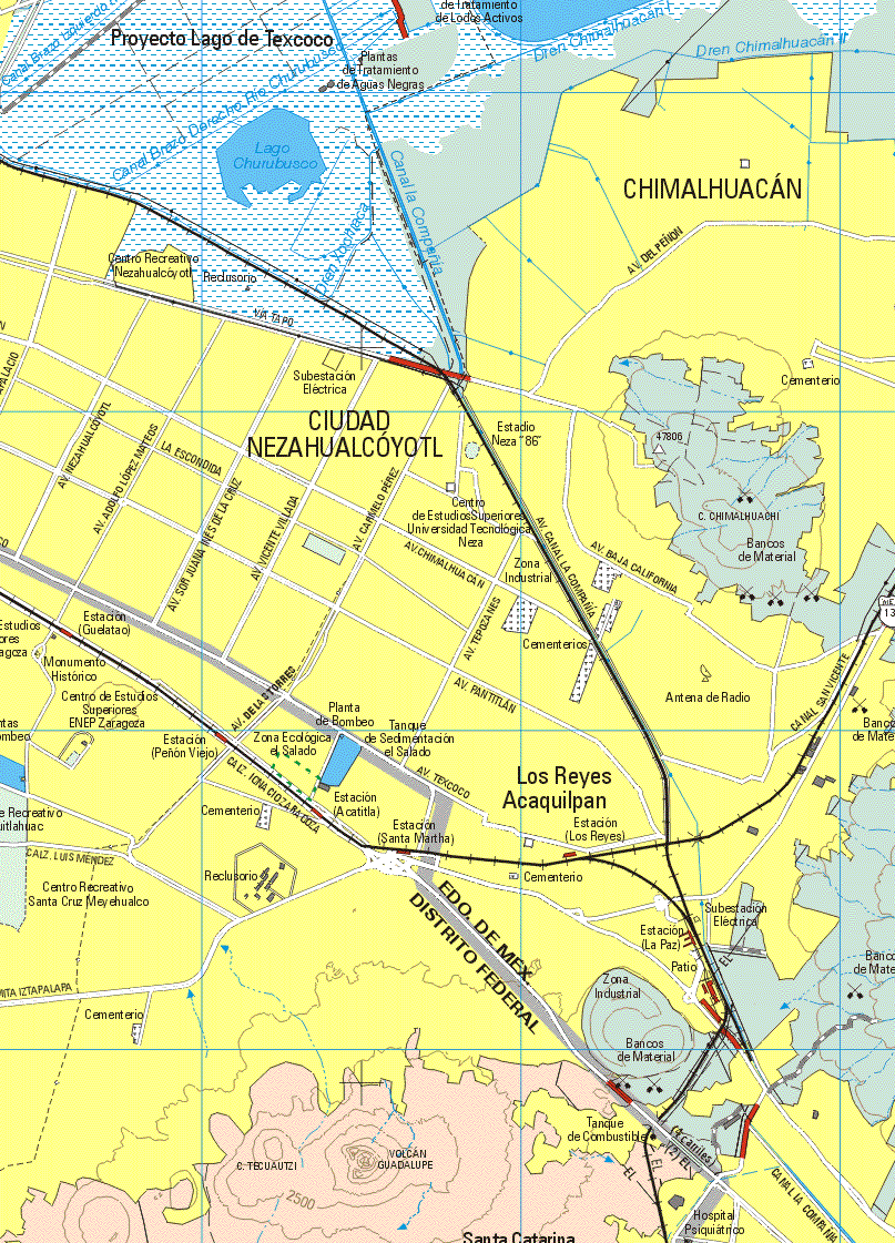 Este mapa muestra las poblaciones de Chimalhuacan, Ciudad Nezahualcoyotl, Los Reyes Acaquilpan.